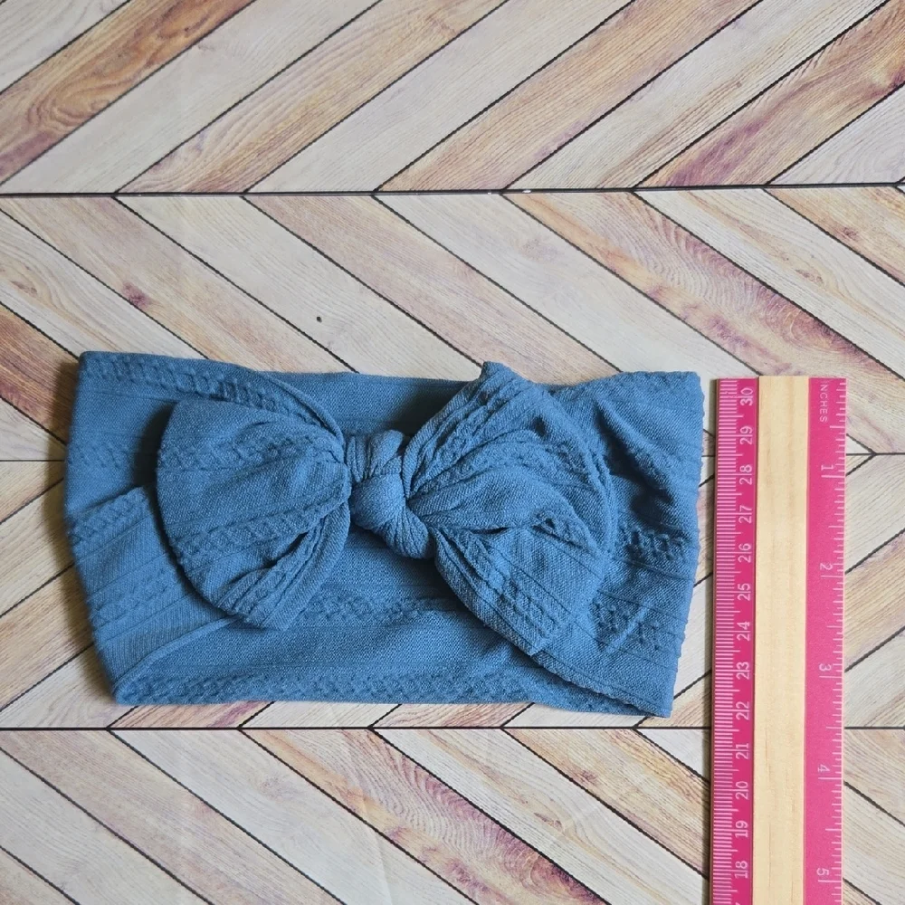 ​Dusty Blue Cable Knit Baby Headband Oversized Bow Soft Stretchy Nylon Hairband